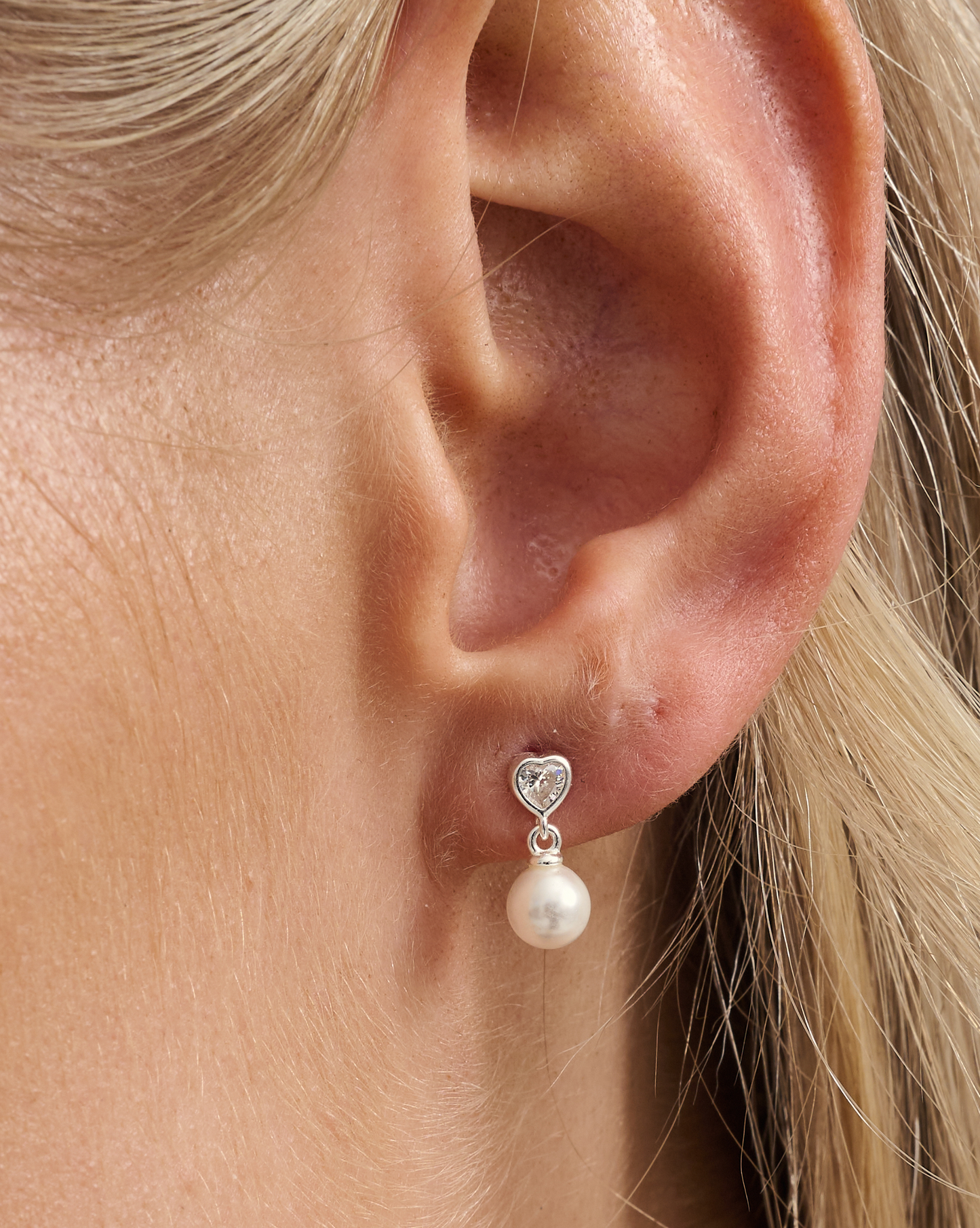 Heart Pearl Drop Studs - Sterling Silver